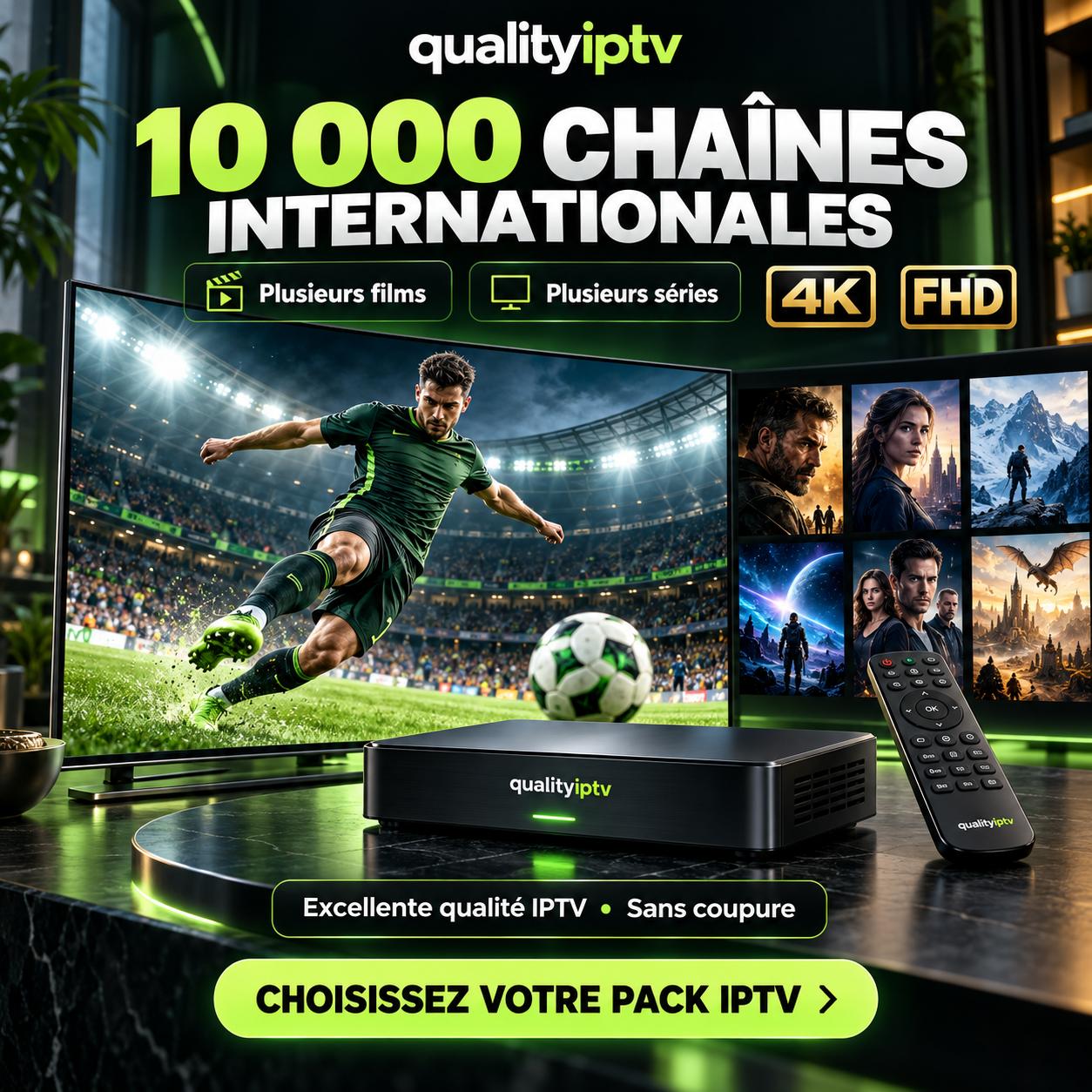Présentation de QualityIPTV avec téléviseur et récepteur